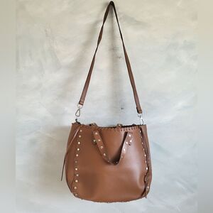 Zara Brown Buffalo Leather Silver Studded Large Crossbody Bag 17x10x6